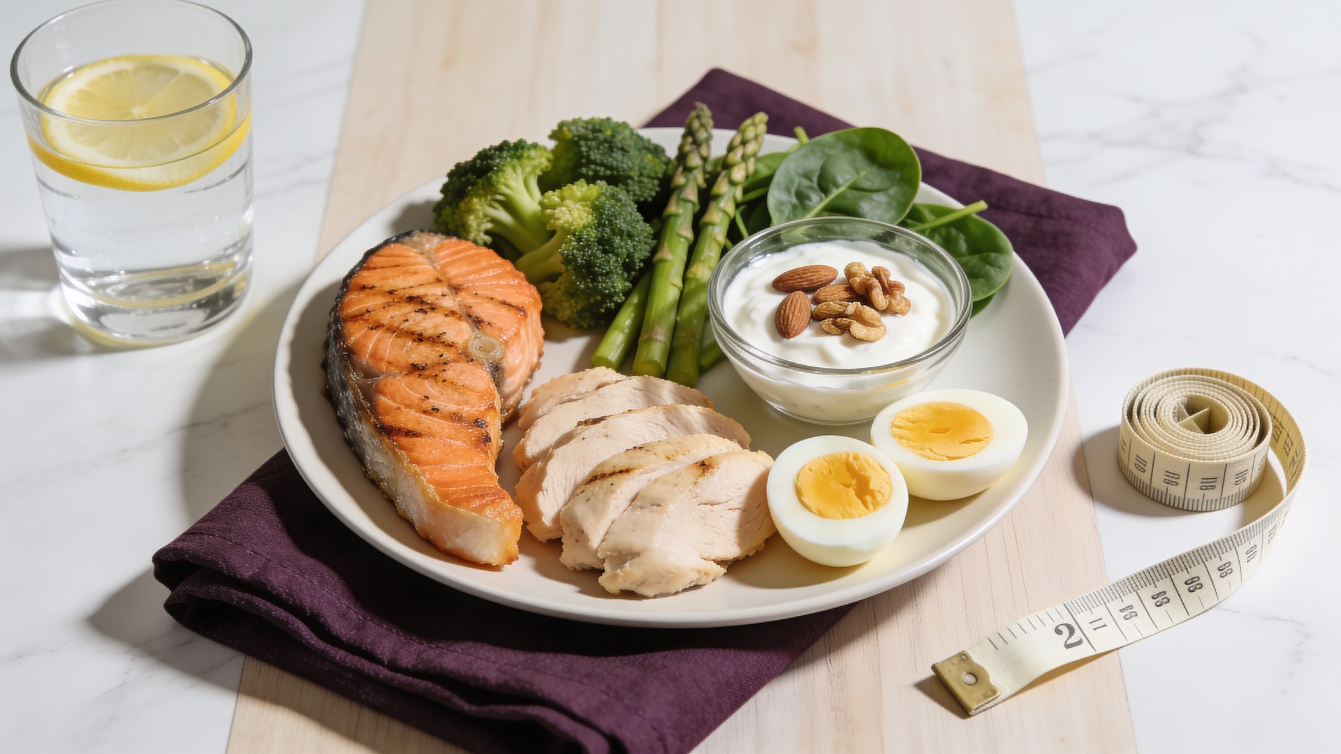 Plato saludable con salmón, pollo, verduras, huevo y yogur: alimentación equilibrada estilo mediterráneo