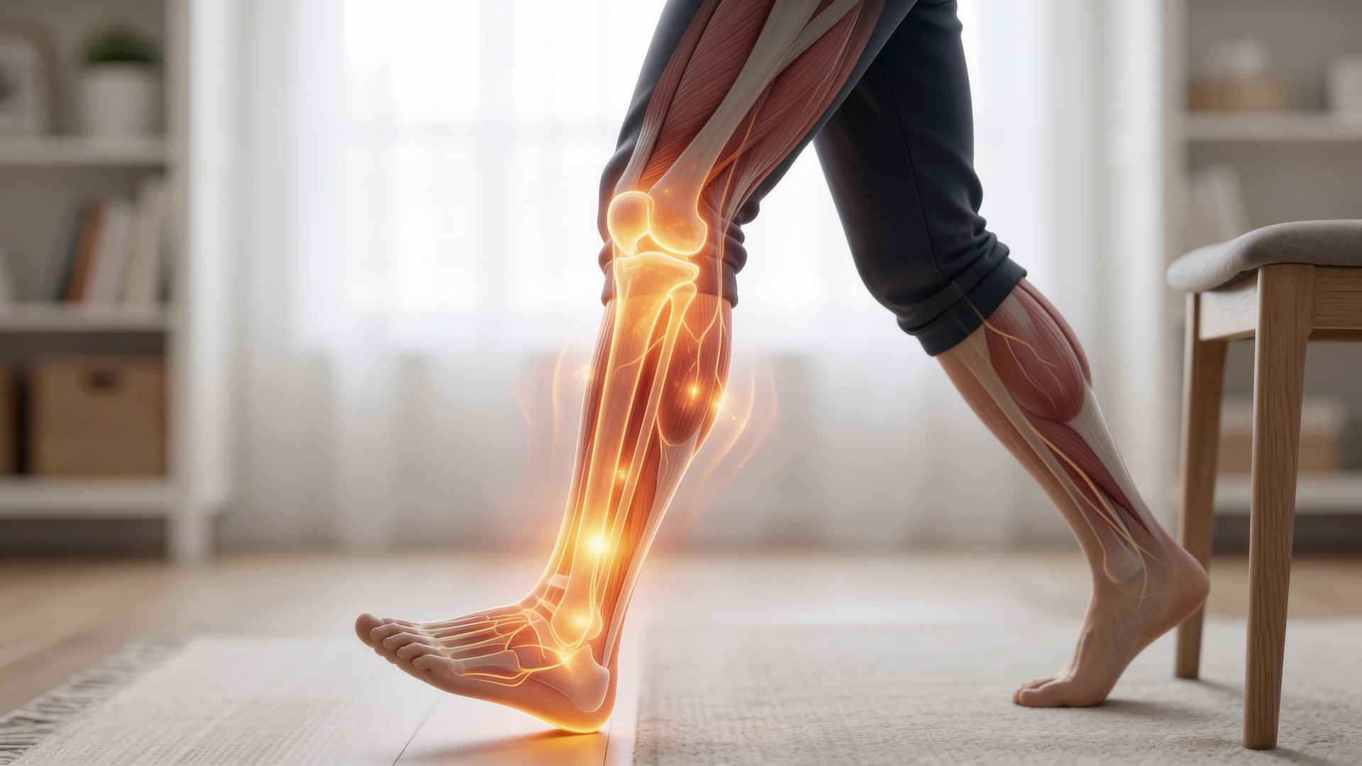 Ilustración 3D de las piernas con la musculatura y articulaciones resaltadas: recuperar la fuerza en las piernas