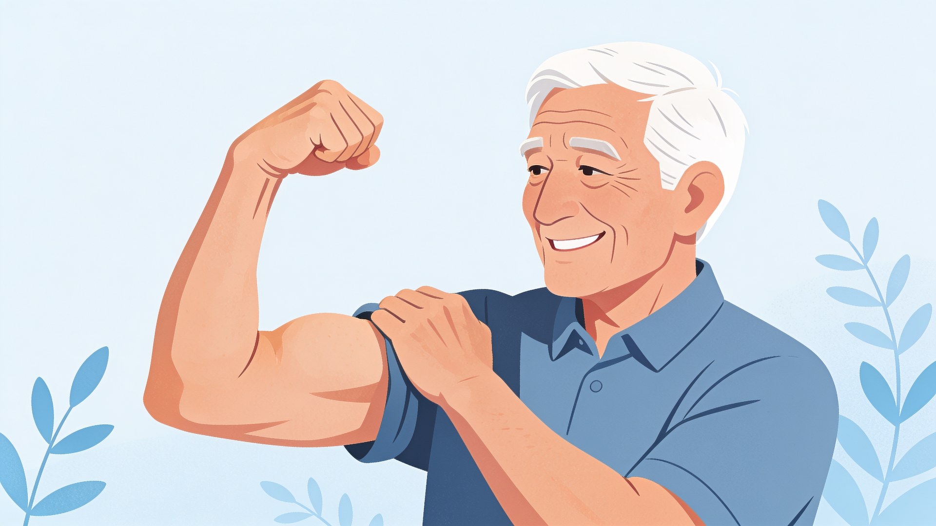 Ilustración de un adulto mayor flexionando el brazo, recuperando fuerza y vitalidad