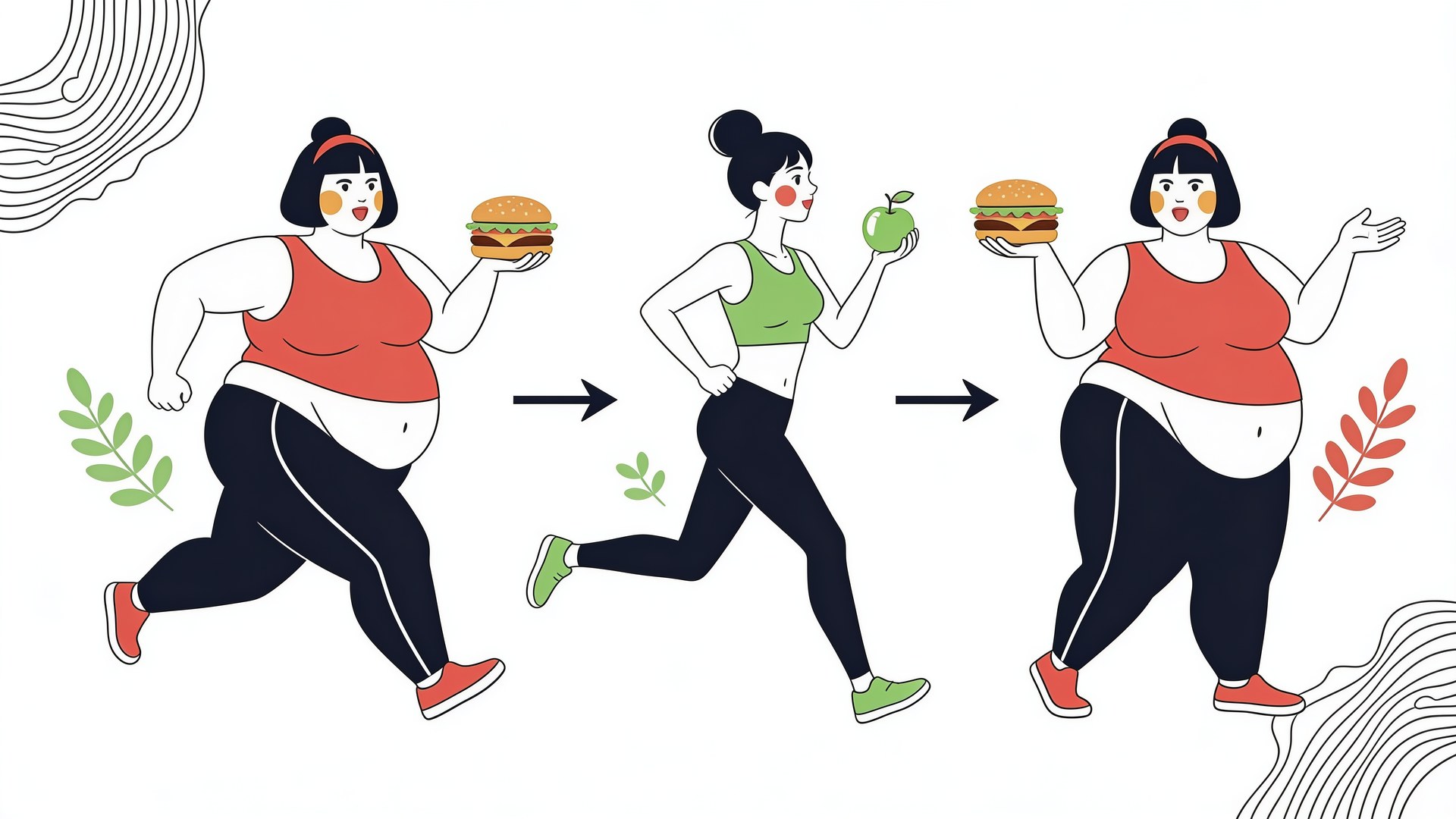 Ilustración del efecto rebote o yo-yo: peso que baja con la dieta y vuelve a subir al suspenderla