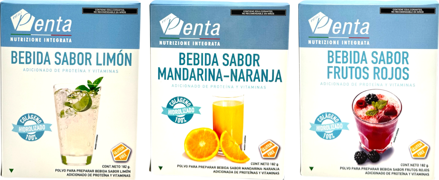 Bebida de Colágeno New Penta, sabores limón, mandarina-naranja y frutos rojos, colágeno hidrolizado
