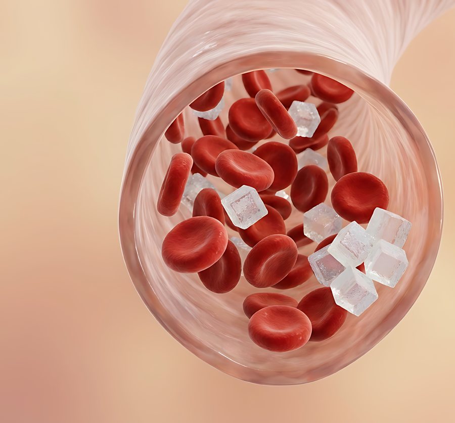 Vaso sanguíneo con glóbulos rojos y cristales de glucosa