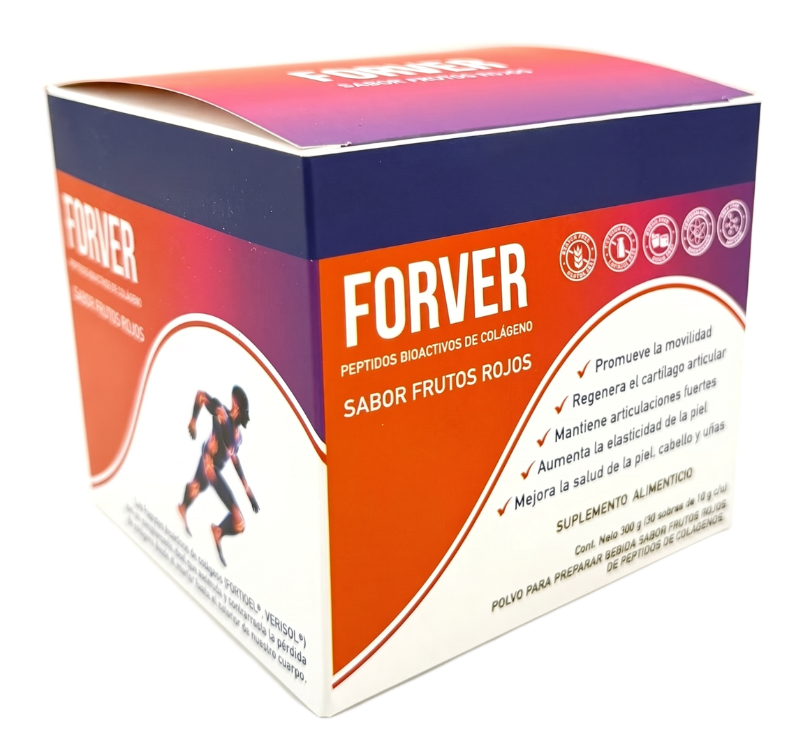 Forver, péptidos bioactivos de colágeno, presentaciones sabor neutro y frutos rojos