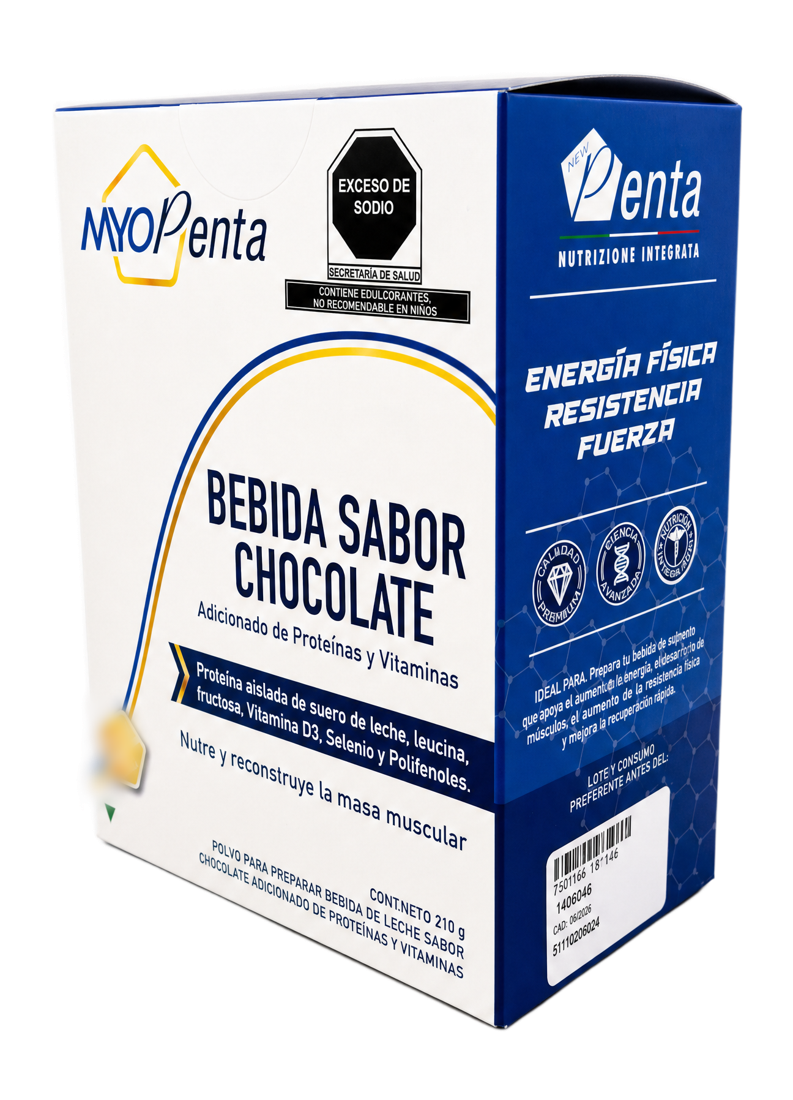 MyoPenta, bebida sabor chocolate adicionada de proteínas y vitaminas, caja de 210 g