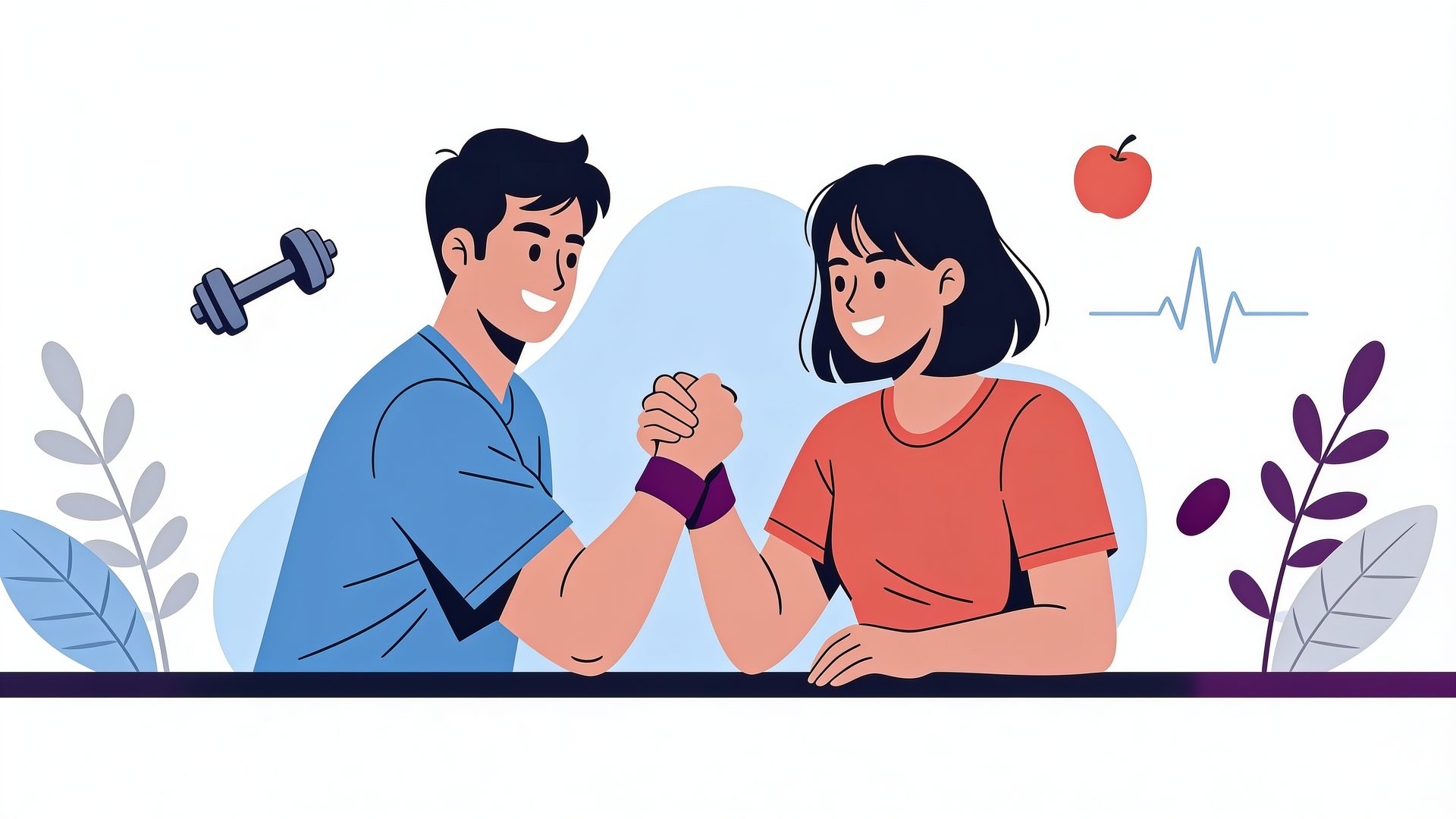 Ilustración de un hombre y una mujer sonrientes jugando vencidas: conservar la fuerza y el músculo durante el tratamiento con GLP-1