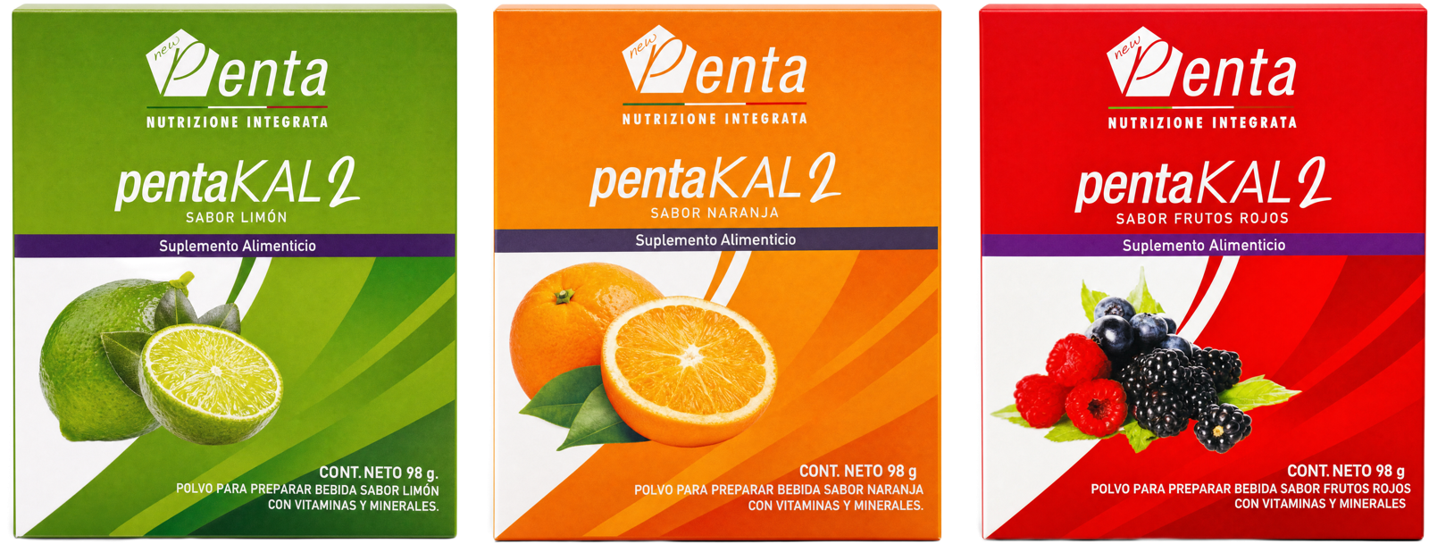 PentaKal2, sabores limón, naranja y frutos rojos, polvo para preparar bebida con vitaminas y minerales