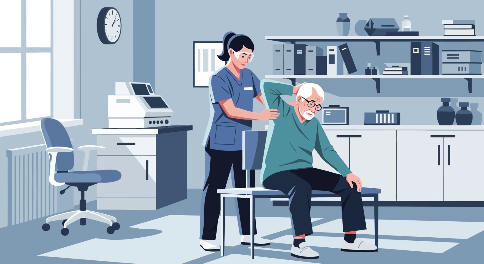 Personal de salud acompañando a un adulto mayor con sarcopenia primaria