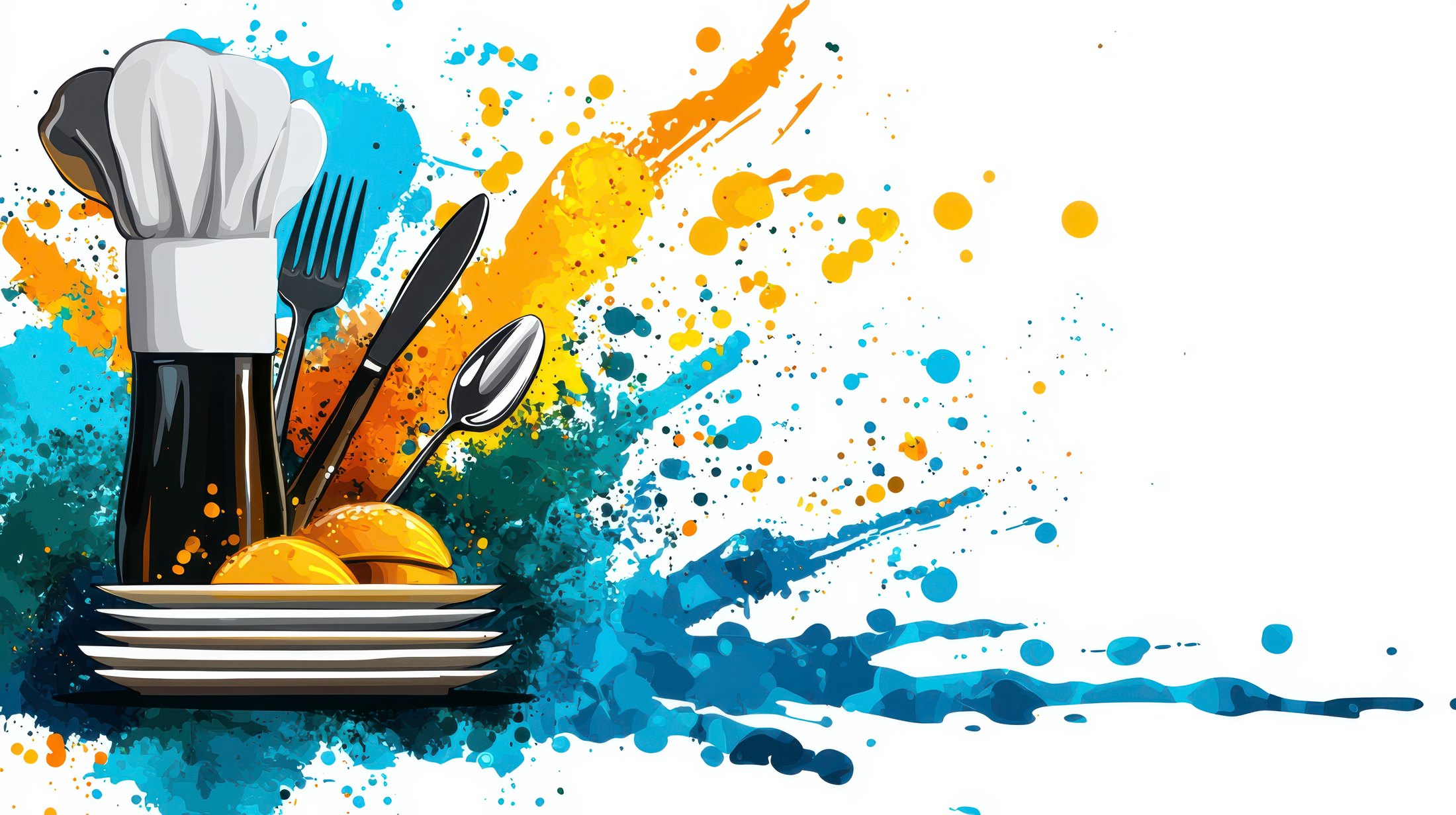 Ilustración de utensilios de cocina y alimentos coloridos: la nutrición y la proteína en la dieta