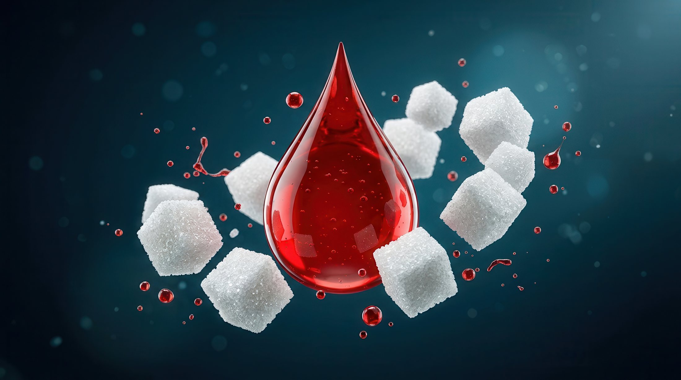 Ilustración de una gota de sangre rodeada de cubos de azúcar: la glucosa en la diabetes tipo 2