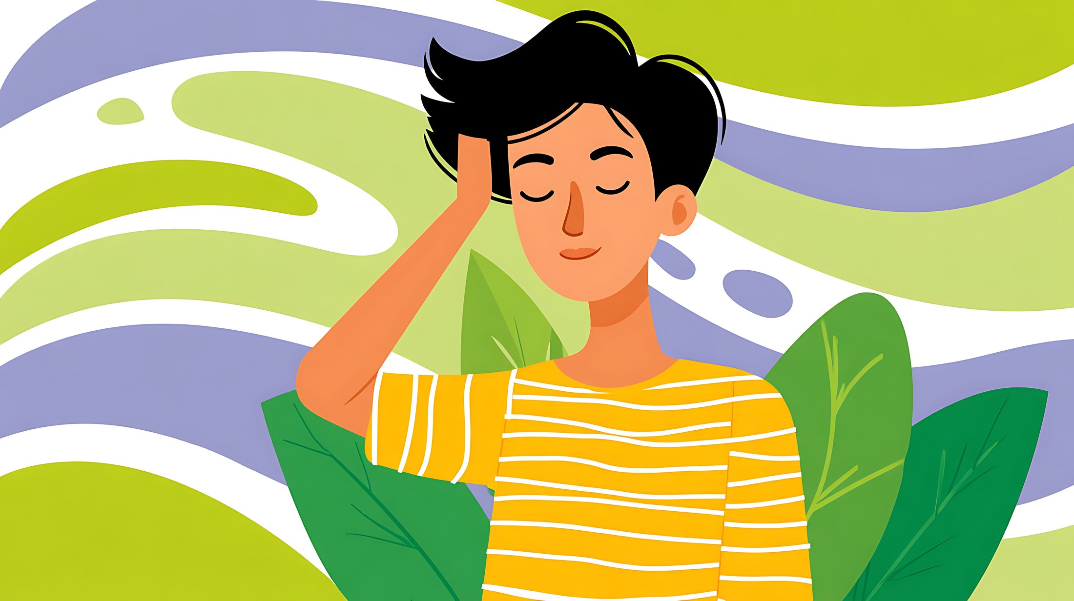 Ilustración de una persona con náusea llevándose la mano a la cabeza, rodeada de hojas verdes