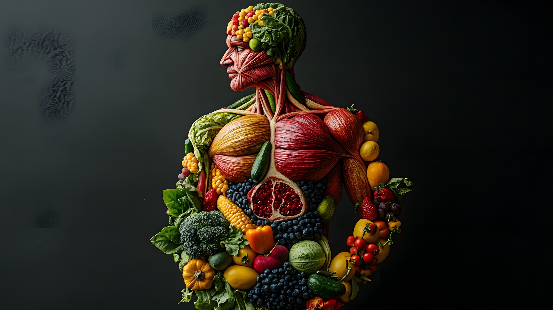 Torso muscular formado por frutas y verduras: la proteína y la alimentación construyen el músculo